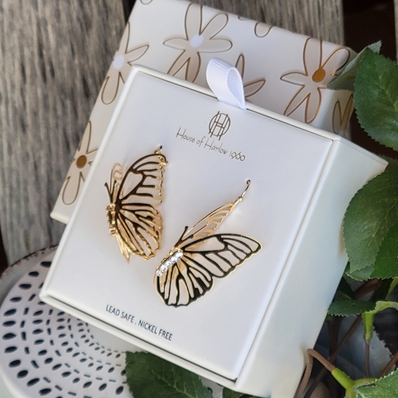 NWT House of Harlow 1960 gold drop butterfly earrings with clear rhinestones - Picture 5 of 5